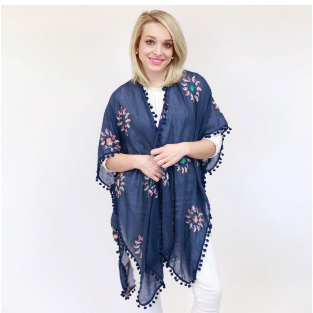 Embroidered Kimono With Pom Pom Trim. OS